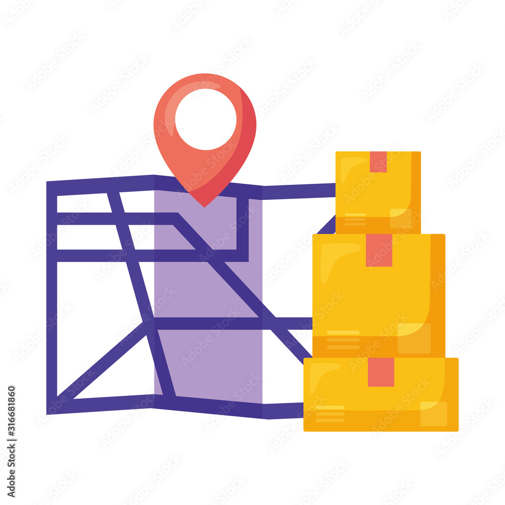 Poster logistic delivery service with paper map and boxes