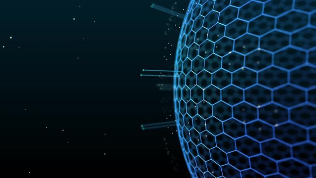 digital sphere with many small glowing particles rotates slowly, looped background for technology projects