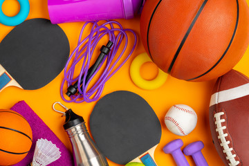 Composition of various sport equipment for fitness and games
