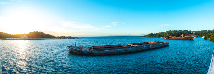 Panoramic of the abandoned boat in the port of Roatan. Honduras