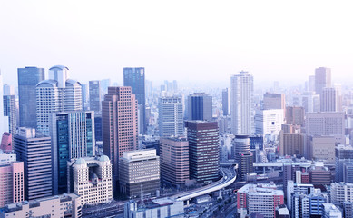 Fototapeta na wymiar Aerial view of skyscrapers in downtown Osaka, Japan