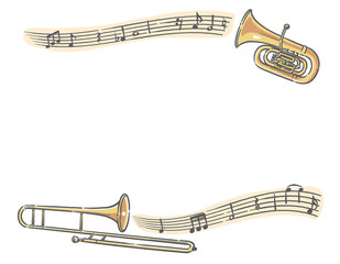 チューバ、トロンボーンと楽譜、音符のフレーム素材