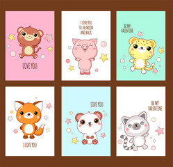 Set of cute Valentine's day stickers with animals in kawaii style