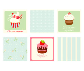 Set of vintage square cards with cupcakes and roses