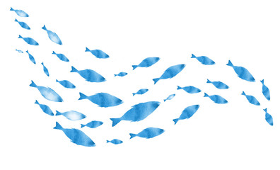 Silhouettes of groups of  fishes on white. Watercolor