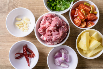 Food ingredients for making Nam Prik Ong, Northern Thai local food