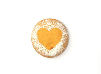 Fototapeta na wymiar Heart shaped round cookie with icing sugar pattern on white isolated background. Valentine's day stock photo with place for text. For web, print, holiday cards, invitations, wallpapers.
