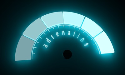Hormone adrenaline result. The measuring device. Infographic gauge element. Flash light indicator. Neon shine scale. 3D rendering © JEGAS RA