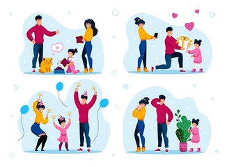 Children Birthday Party, Home Games and Kids Duties Trendy Flat Vector Concepts Set. Parents with Children Feeding Cat, Celebrating Daughters Birthday, Playing in Hide-and-Seek Isolated Illustrations