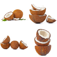 Collage of broken coconut pieces isolated on white background
