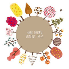 手描きの秋の木々、円形フレーム