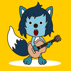 cool wolf with blue wool  plays acoustic guitar and sings, vector smiley in color, simplified colorful emoticon
