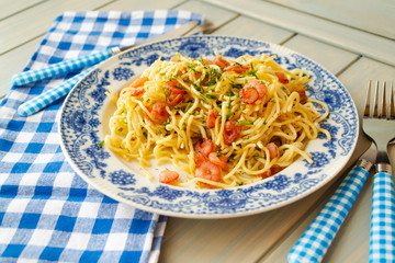 Spaghetti with shrimps, prawn in homemade pesto sauce