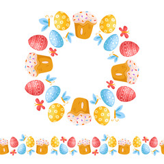 Easter Day - seamless border pattern with easter eggs, butterfly, sweet cake and wreath or round frame, ornamented endless bordure, stripe for textile, fabric, wrapping or scrapbooking paper - vector