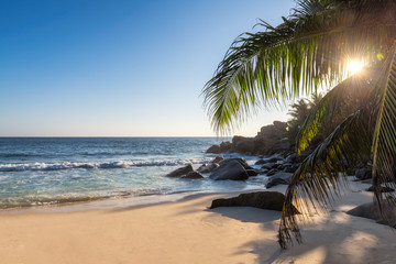 Sunset at exotic tropical beach with coco palms and turquoise sea in exotic Paradise island.