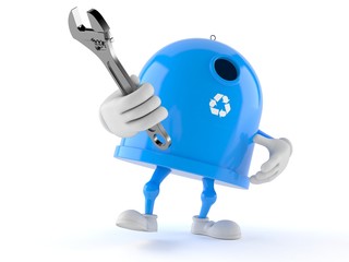 Obraz na płótnie Canvas Recycling bin character holding adjustable wrench
