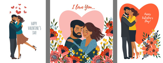 Set of holiday cards with hugging couple and flowers. Cute flat valentines day vector
