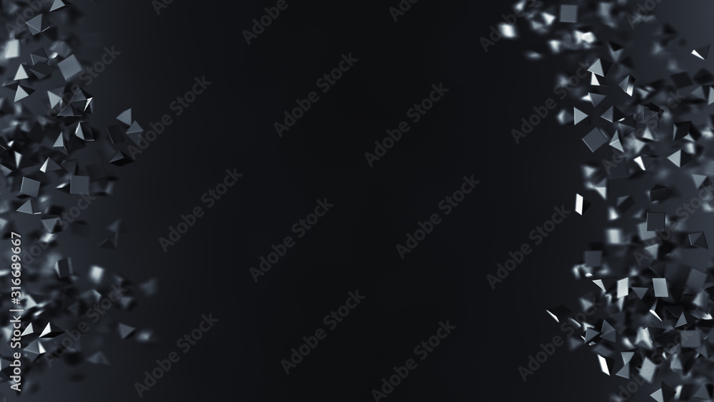 Poster chaotic flying balck shapes on borders of frame 3d rendering