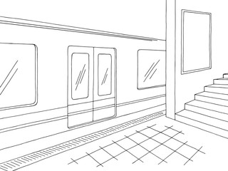 Subway station platform train billboard graphic black white sketch illustration vector