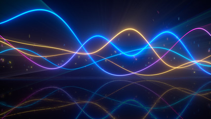 Smooth wavy colorful glowing curves 3D render illustration