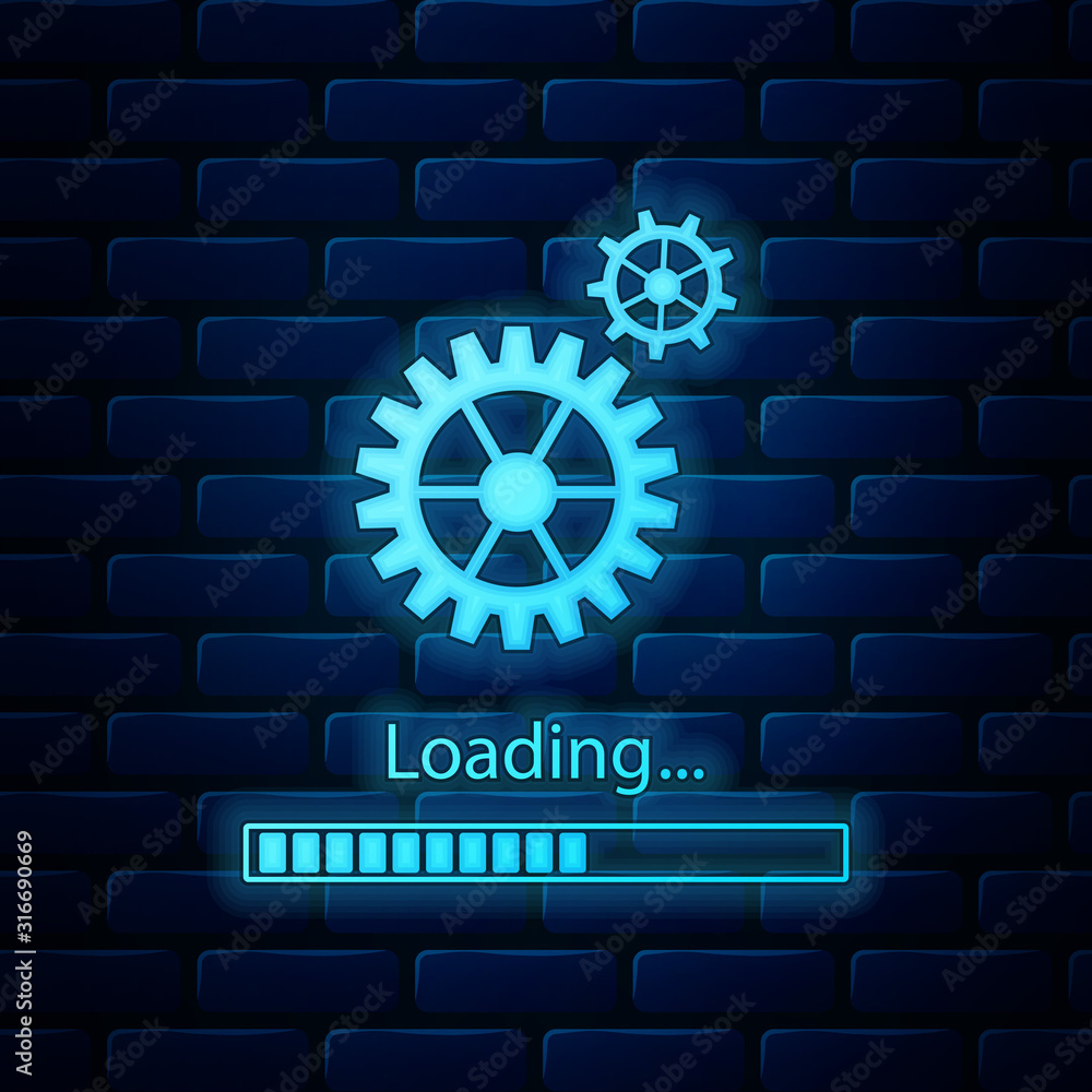 Poster glowing neon loading and gear icon isolated on brick wall background. progress bar icon. system soft