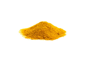 Ground yellow turmeric seasoning isolated on white background front view