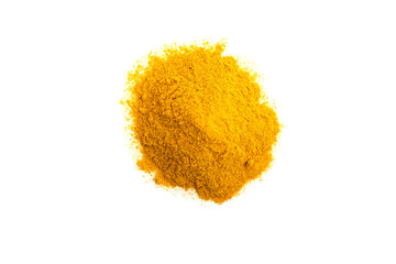 Ground yellow turmeric seasoning isolated on white background top view.