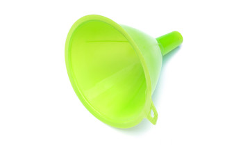 Green plastic funnel isolated on white background