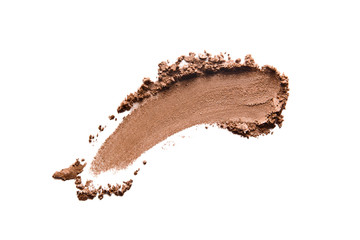 Bronzer, eye shadow swatch smear smudge isolated on white background. Brown makeup powder texture. Nude crushed eye shadow stroke. Bronze color beauty product smudged