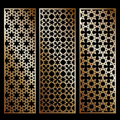 Cutout silhouette panels set with ornamental geometric arabic pattern. Template for printing, laser cutting stencil, engraving. Vector illustration.