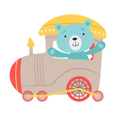 Cheerful Red Cheeked Bear Driving Toy Train Vector Illustration