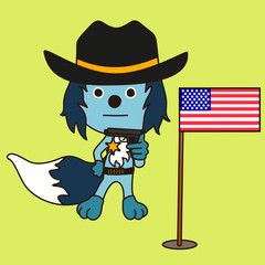 a cool sheriff wolf with blue wool in a black hat and belt with bandolier stands and holds a gun in his hand, and an American flag is stuck nearby in the lawn