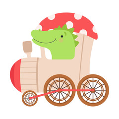 Cheerful Red Cheeked Crocodile Driving on Toy Train Vector Illustration