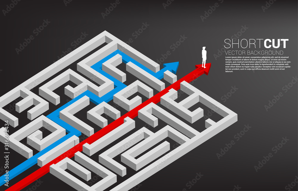 Poster Businessman standing on red arrow route break out of maze. Business concept for problem solving and shortcut solution strategy.