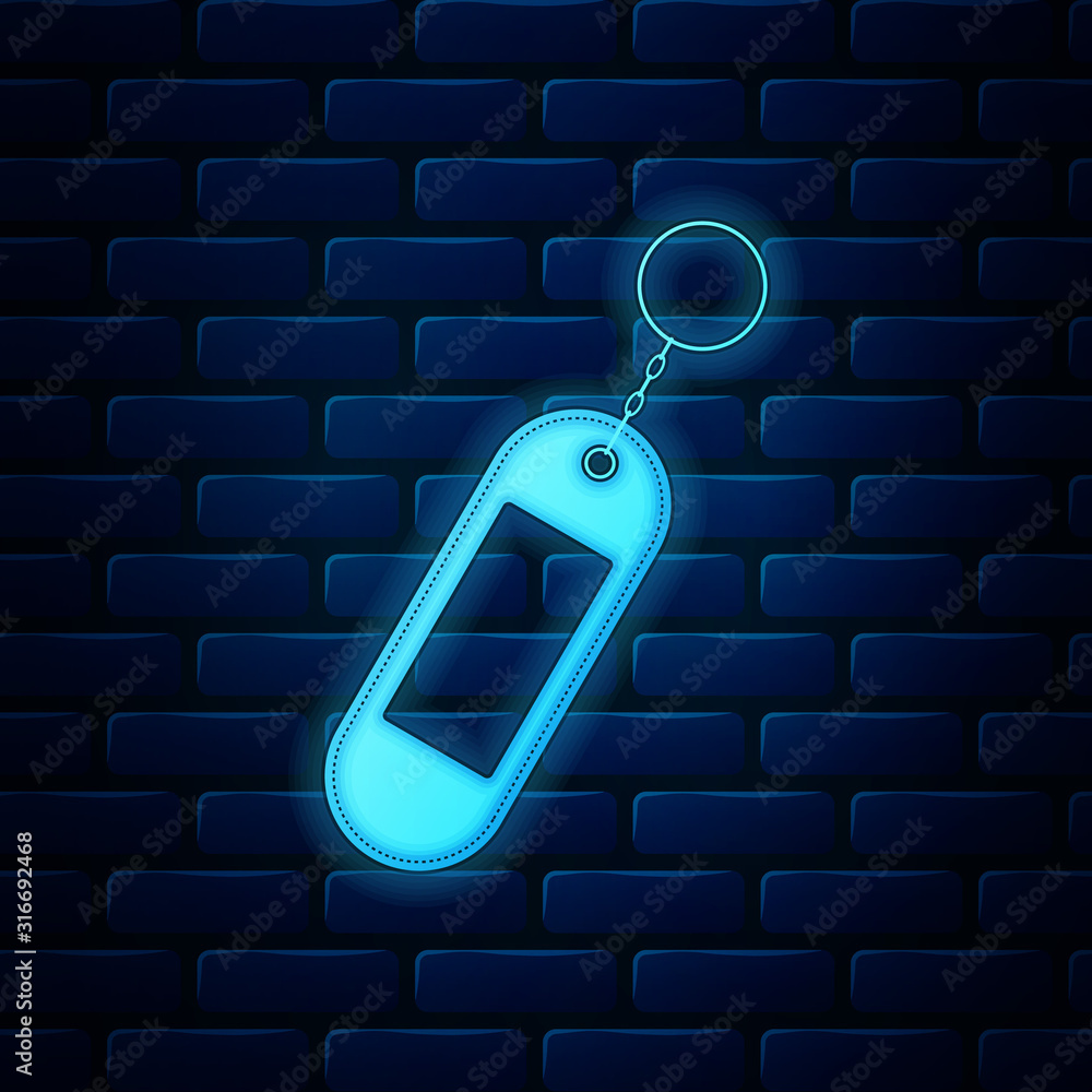 Poster glowing neon key chain icon isolated on brick wall background. blank rectangular keychain with ring 