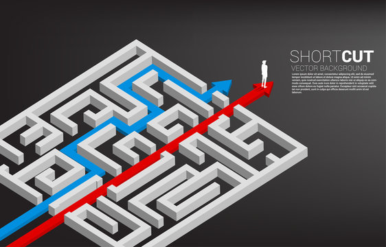 Businessman standing on red arrow route break out of maze. Business concept for problem solving and shortcut solution strategy.