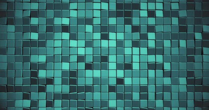 Abstract animated mosaics pool background. 3d blue Squares whith movement. Wavy surface. Underwater effect. Geometric blocks backdrop. Pixel art. Ceramic tiles grid