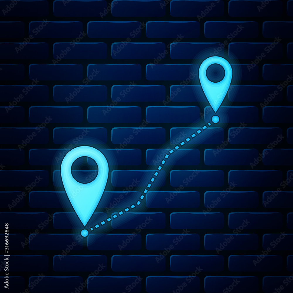 Poster glowing neon route location icon isolated on brick wall background. map pointer sign. concept of pat