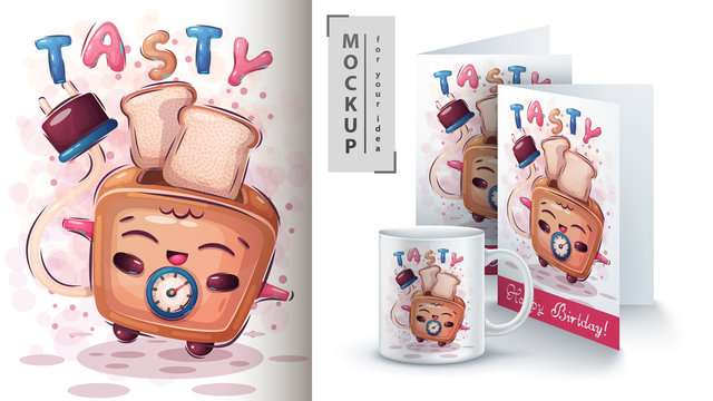 Toaster cooking bread poster and merchandising.