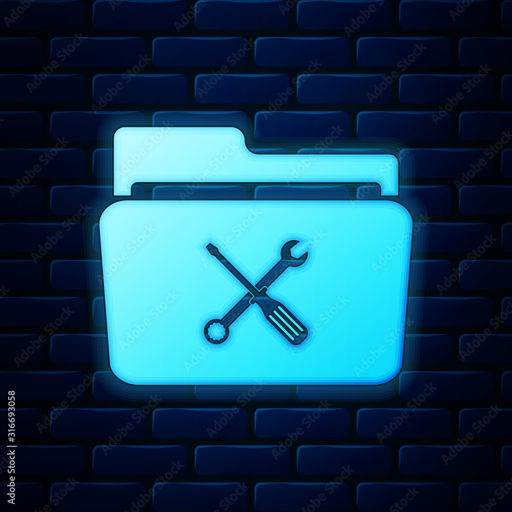 Poster glowing neon folder and tools or settings icon isolated on brick wall background. folder with wrench