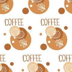 Hand drawn seamless pattern with coffee lettering and coffee foam design isolated on a white background. Cute template for coffee shop, cafe, fabric, wrapping paper. Vector illustration