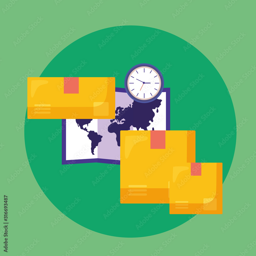Poster logistic delivery service with paper map and boxes