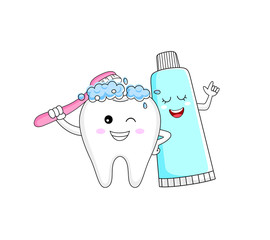cute cartoon tooth character brushing with toothpaste. Dental care concept. Vector illustration isolated on white background.