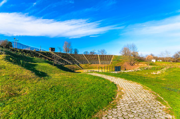 View of Hellenistic Theater at the archaeological site of Dion situated in the northern foothills of Mount Olympus. Pieria, Macedonia, Greece