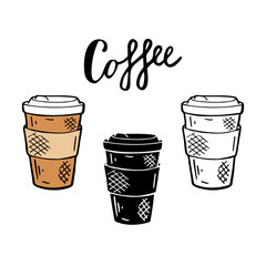 Hand drawn colorful coffee set with takeaway cup and lettering in doodle style isolated on a white background. Cute elements for card, social media banner, sticker, menu, design. Vector illustration