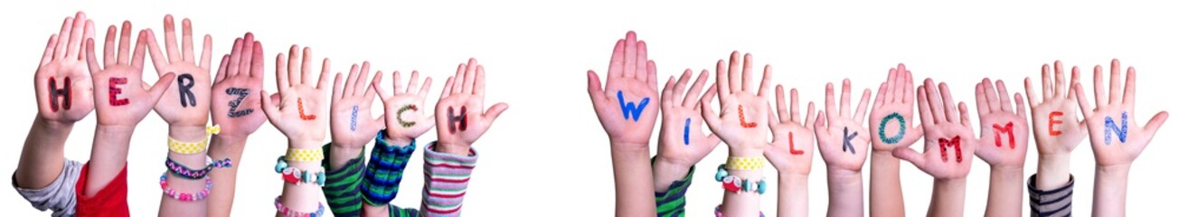 Children Hands Building Colorful German Word Herzlich Willkommen Mean Welcome. White Isolated...