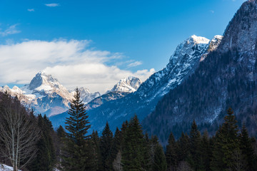 Mount Mangart from the Predil pass in winter clothes. Tarvisio, Italy