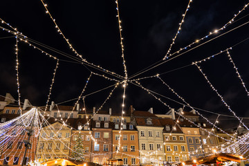 Christmas Lights in Warsaw City At Night