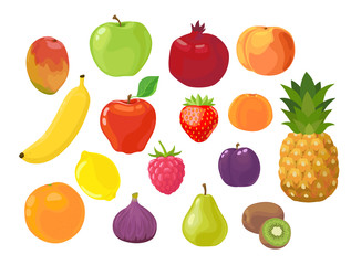 Set of fruits and berries. Apple, banana, pineapple, pear, plum, lemon, orange, strawberry, raspberry, fig, mandarin, peach, pomegranate, mango and kiwi fruit isolated on the white background. Vector 