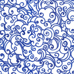 Patern with the image of clouds, curving lines, curls. Traditional oriental ornament.  Abstract geometric seamless pattern. Textiles, wallpaper. Blue on a white background.
